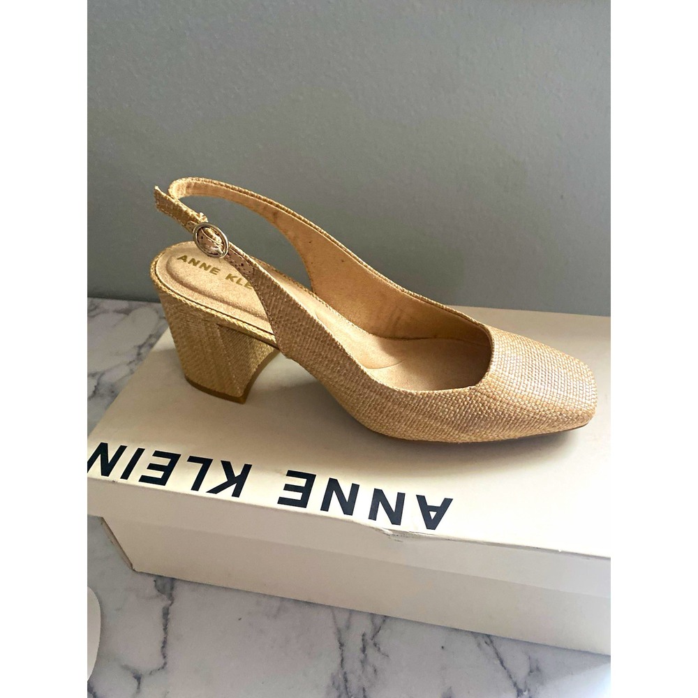 Anne Klein Beige Raffia Woven Slingback Block Heel Buckle Ankle Strap 7M
